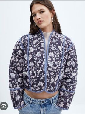 Mango Quilted Floral Bomber Jacket in Navy and Lavender Trim